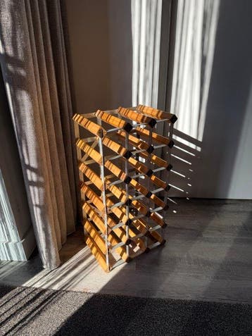 Wijnrek - Hout, Staal - Vintage houten wijnrek, Antiek en Kunst