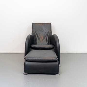 1x Montis Loge Fauteuil + Voetenbank Zwart Leder, Ophalen, Gebruikt, 100 tot 125 cm, Leer