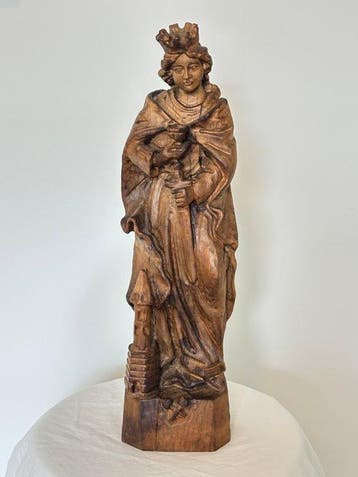 Beeld, Sint Barbara - 47 cm - Hout, Antiek en Kunst