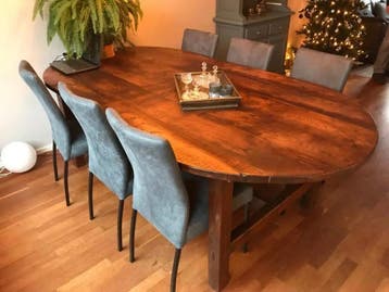 Set van 6 blauwe leren eetkamerstoelen - blauw leer, Huis en Inrichting, Stoelen, Ophalen of Verzenden, Nieuw, Leer