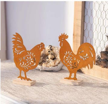 Decoratieve Roestbruine Kippen op Houten Voet – Set van 2, Verzenden, Nieuw