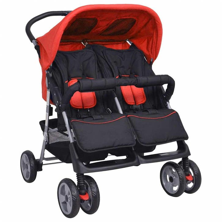 vidaXL Tweelingwagen staal rood en zwart, Kinderen en Baby's, Kinderwagens en Combinaties, Nieuw, Verzenden