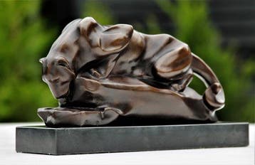 Beeld, drinking panther - 16 cm - brons marmer