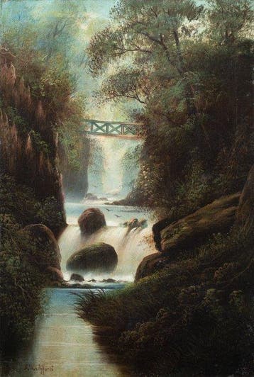 S.W. Clifford (XIX) - Wooded Landscape with Waterfall, Antiek en Kunst, Kunst | Schilderijen | Klassiek