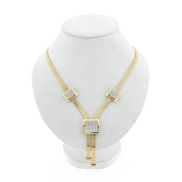 Gouden platte slangenschakel collier met zirconia (Ketting), Gebruikt, Ophalen of Verzenden, Met edelsteen, Goud