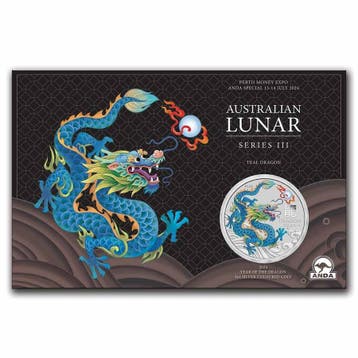 Lunar III - Year of the Dragon 1 oz 2024 Coin Card Teal, Verzenden, Losse munt, Zilver