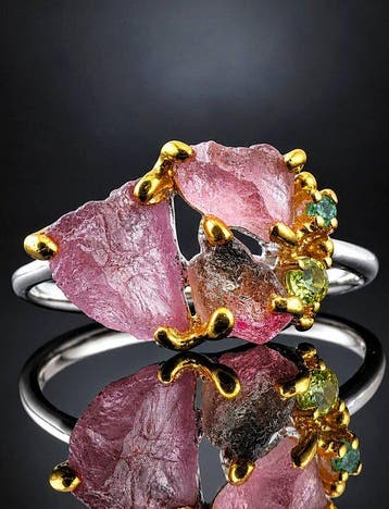 Ruwe roze toermalijnring - 925 sterlingzilver - multikleurig