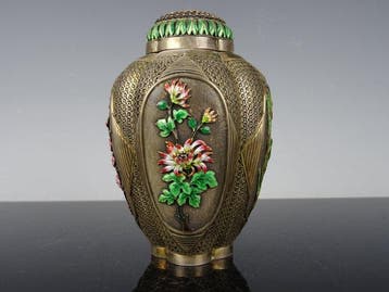 Pot - Zilver - Geguld emaille zilver, Antiek en Kunst