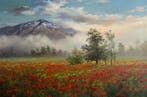 Emre Kinali - Poppies in the Morning Mist, Antiek en Kunst, Kunst | Schilderijen | Modern