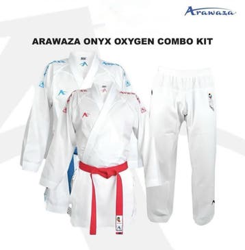 Arawaza karatepak Onyx | WKF | Blauw / Rood (Maat: 160), Verzenden, Nieuw, Karate, Vechtsportpak