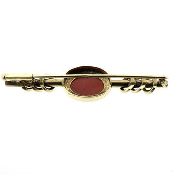 Vintage gouden broche met bloedkoraal, Gebruikt, Overige kleuren, Ophalen of Verzenden, Met edelsteen