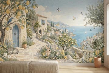 Fotobehang kustdorp – mediterraan zeezicht behang, Verzenden, Fotobehang