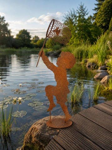 Beeld, garden statue silhouette of boy with butterfly net -