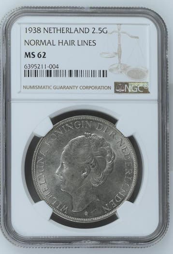 Koningin Wilhelmina 2 1/2 gulden 1938 MS62 NGC, Verzenden, Koningin Wilhelmina, Losse munt, Zilver
