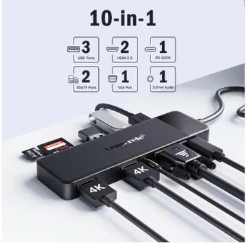 10-in-1 USB-C Hub Dual HDMI 4K VGA USB 3.0 100W PD, Verzenden, Nieuw