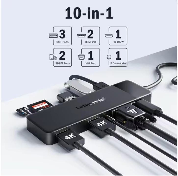 10-in-1 USB-C Hub Dual HDMI 4K VGA USB 3.0 100W PD, Computers en Software, Laptopstandaarden, Nieuw, Verzenden