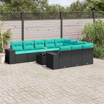 vidaXL 11-delige tuinbankset met kussens, zwart polyrotan, Verzenden, Nieuw
