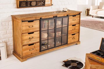 Massief dressoir HERITAGE 148 cm naturel grenen industrieele, Ophalen of Verzenden, Nieuw