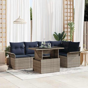 vidaXL Tuin Sofa Set met kussen 6 pcs Grijs Poly riet, Verzenden, Nieuw, Rotan, 6 zitplaatsen