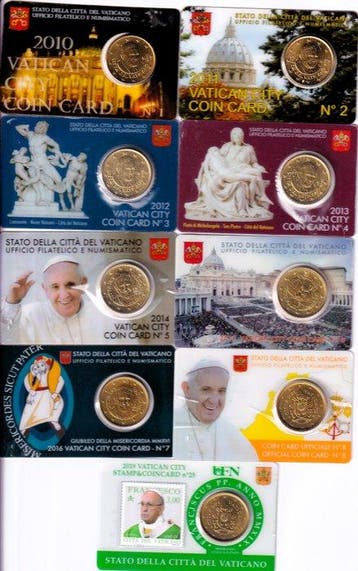 Vaticaan. 50 Cents 2010/2019 (9 coincards) (Zonder