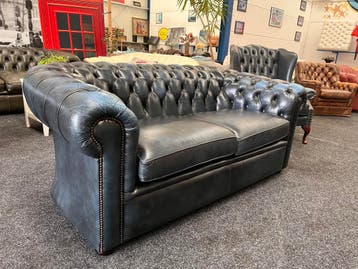 Chesterfield Maarssen Blauw Leren Chesterfield 2.5 zits-Bank, Ophalen, Gebruikt, Chesterfield, Leer