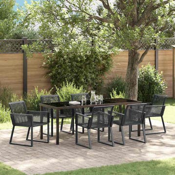 vidaXL Tuin eettafelset 7 st Zwart Gepoedercoat staal, Verzenden, Nieuw, Rotan, 7 zitplaatsen