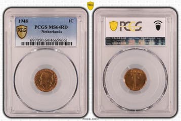 Koningin Wilhelmina 1 cent 1948 MS64 RD PCGS gecertificeerd, Postzegels en Munten, Munten | Nederland, Verzenden, Koningin Wilhelmina