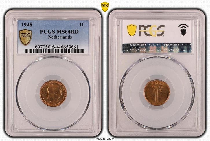 Koningin Wilhelmina 1 cent 1948 MS64 RD PCGS gecertificeerd, Postzegels en Munten, Munten | Nederland, Losse munt, 1 cent, Koningin Wilhelmina