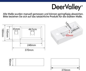 Wastafel - Keramiek - 37x18 cm - Wit - DeerValley, Verzenden, Zo goed als nieuw