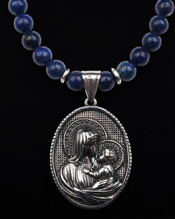 Lapis lazuli - Ketting met Hanger van de Maagd en Kind -