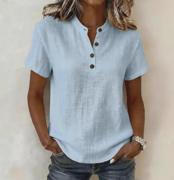 Dames Casual Linnenlook Blouse met Korte Mouwen en Henley Ha, Kleding | Dames, Verzenden, Nieuw