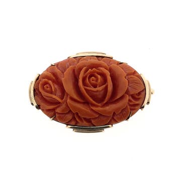 Gouden broche met camee; bloedkoraal, Sieraden, Tassen en Uiterlijk, Broches, Gebruikt, Ophalen of Verzenden, Met edelsteen, Goud