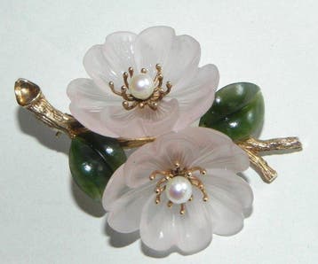 Broche - 14 karaat Geel goud Quartz - Jade