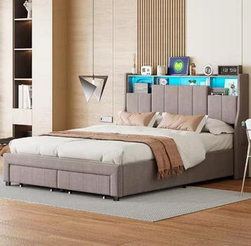 Gestoffeerd Tweepersoonsbed met LED, USB en Lades, Verzenden, Nieuw