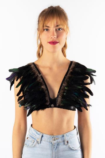KIMU® Top met Veren Zwart XS S M Verentop Steampunk Topje Ve, Ophalen of Verzenden, Nieuw, Carnaval, Kleding