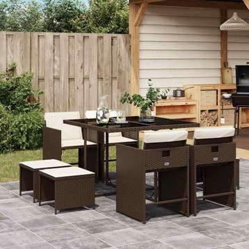 vidaXL 9-delige Tuinset met kussens poly rattan bruin, Verzenden, Nieuw, 8 zitplaatsen, Tuinset