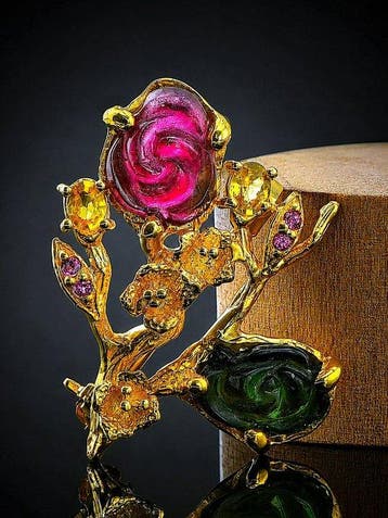 Roze- en groen tourmalijn broche - 925 sterlingzilver -