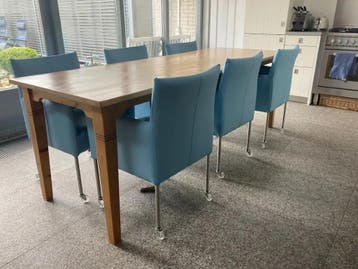 Set van 6 leren kuip eetkamerstoelen - met wieltjes - blauw, Ophalen of Verzenden, Nieuw, Leer