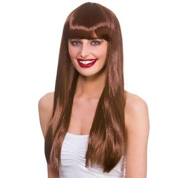 Lange pruik met pony bruin, Verzenden, Nieuw, Feestartikel