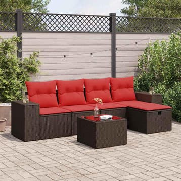 vidaXL 6-delige Loungeset met kussens poly rattan bruin, Tuin en Terras, Verzenden, Nieuw, 5 zitplaatsen, Loungeset