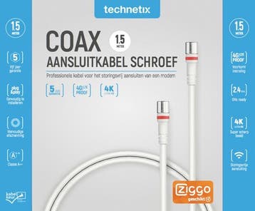 Technetix RLA++30 modem F-connector coaxkabel 1,5m - Ziggo, Ophalen of Verzenden, Nieuw, Tv-kabel