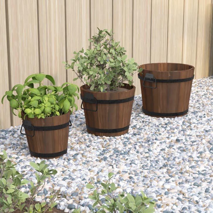 vidaXL Plantenbakset houten emmer 3-delig massief vurenhout, Tuin en Terras, Bloembakken en Plantenbakken, Minder dan 60 cm, Nieuw