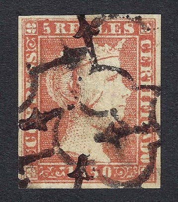 Spanje 1850 - Isabel II 5r Rojo - Edifil Nº 3, Gestempeld