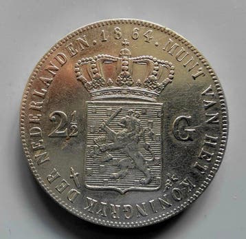 Nederland. Willem III. 2 1/2 Gulden 1864a (Zonder