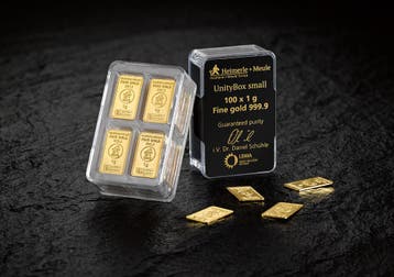 100 x 1 gram Heimerle Meule Unitybox goudbaar, Verzenden, Goud