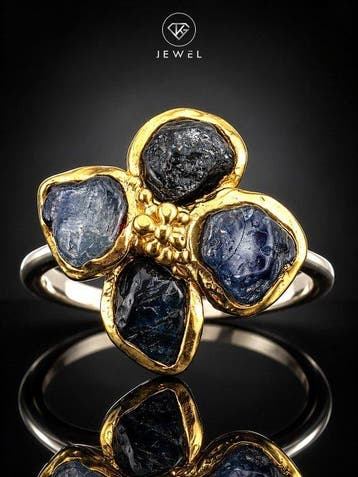 Blauwe saffier bloemring - 925 sterlingzilver - goudverguld
