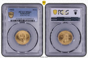 Gouden Wilhelmina 10 gulden 1932 MS63 PCGS gecertificeerd, Verzenden, Goud, Koningin Wilhelmina, Losse munt