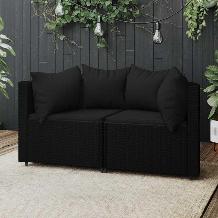 vidaXL Tuinhoekbanken met kussens 2 st poly rattan zwart, Tuin en Terras, Tuinsets en Loungesets, Nieuw, Verzenden