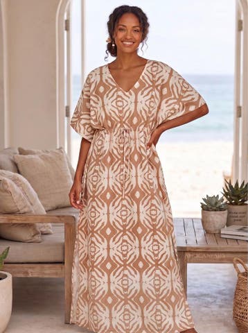 Boho rayon kaftan jurk met tailleband - Beige Crème Desert E, Ophalen of Verzenden, Nieuw