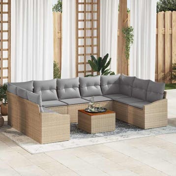 vidaXL Tuinbankenset 10 st Beige en Licht Grijs poly rattan, Verzenden, Nieuw, Rotan, Meer dan 8 zitplaatsen